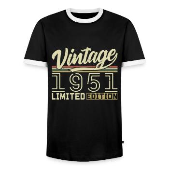 Legend since 1951 Born in 1951 Birthday 73 years old - Men's Ringer Shirt - black/white - Front - AI Model Female 172 light (172cm) & AI Model Male 178 light (178cm)