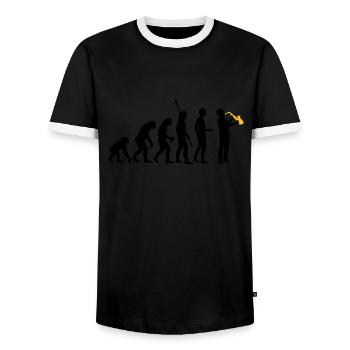evolution_saxophon_a_2 - Männer Kontrast-T-Shirt - Schwarz/Weiß - Vorne - AI Model Female 172 light (172cm) & AI Model Male 178 light (178cm)