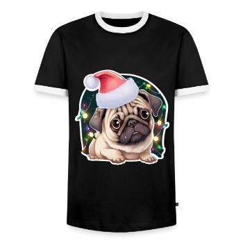 Carlin avec chapeau de Noël et guirlandes lumineuses - T-shirt contrasté Homme - noir/blanc - Devant - AI Model Female 172 light (172cm) & AI Model Male 178 light (178cm)