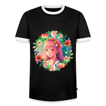 Anime Manga Kpop Girl in Garden - Männer Kontrast-T-Shirt - Schwarz/Weiß - Vorne - AI Model Female 172 light (172cm) & AI Model Male 178 light (178cm)