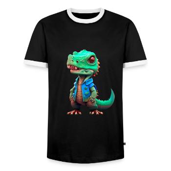 kleiner T-Rex in Jeansjacke - Männer Kontrast-T-Shirt - Schwarz/Weiß - Vorne - AI Model Female 172 light (172cm) & AI Model Male 178 light (178cm)