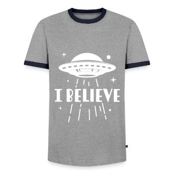 Ich glaube - Männer Kontrast-T-Shirt - Grau/Navy  - Vorne - AI Model Female 172 light (172cm) & AI Model Male 178 light (178cm)