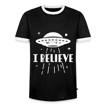 I Believe - Men's Ringer Shirt - black/white - Front - AI Model Female 172 light (172cm) & AI Model Male 178 light (178cm)