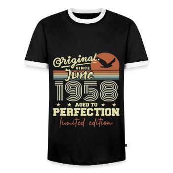 Born in June 1958, June 1958, Born June 1958 June 1958 - Men's Ringer Shirt - black/white - Front - AI Model Female 172 light (172cm) & AI Model Male 178 light (178cm)