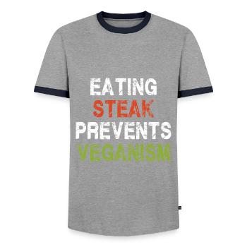 Steak essen verhindert Veganismus - Männer Kontrast-T-Shirt - Grau/Navy  - Vorne - AI Model Female 172 light (172cm) & AI Model Male 178 light (178cm)