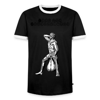 Eier aus Bodenhaltung - Männer Kontrast-T-Shirt - Schwarz/Weiß - Vorne - AI Model Female 172 light (172cm) & AI Model Male 178 light (178cm)