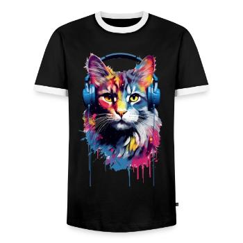 Chat Maine Coon coloré avec des écouteurs - T-shirt contrasté Homme - noir/blanc - Devant - AI Model Female 172 light (172cm) & AI Model Male 178 light (178cm)