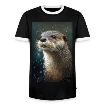 Otter Realistic Cartoon Anime Rain - Men's Ringer Shirt - black/white - Front - AI Model Female 172 light (172cm) & AI Model Male 178 light (178cm)