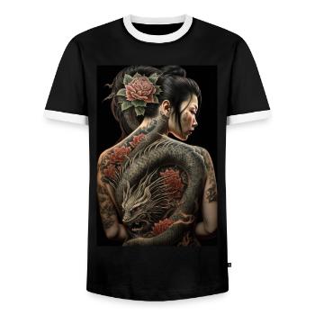 Geisha Yakuza Tatouage Dragon Japonais - T-shirt contrasté Homme - noir/blanc - Devant - AI Model Female 172 light (172cm) & AI Model Male 178 light (178cm)