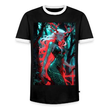 Anime Forest Spirit Girl Manga - Men's Ringer Shirt - black/white - Front - AI Model Female 172 light (172cm) & AI Model Male 178 light (178cm)