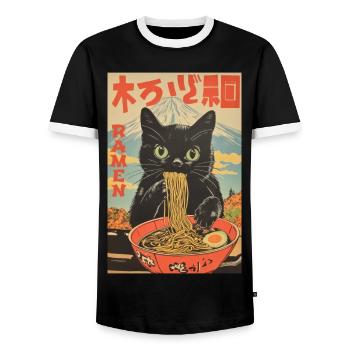 Funny Cat Ramen Japanese Japan Lover - Men's Ringer Shirt - black/white - Front - AI Model Female 172 light (172cm) & AI Model Male 178 light (178cm)