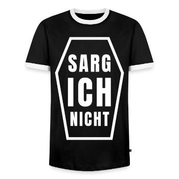 COFFIN I DON'T - funny gothic saying - Men's Ringer Shirt - black/white - Front - AI Model Female 172 light (172cm) & AI Model Male 178 light (178cm)