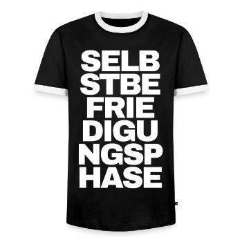 Selbstbefriedigungsphase - Text Motiv - Männer Kontrast-T-Shirt - Schwarz/Weiß - Vorne - AI Model Female 172 light (172cm) & AI Model Male 178 light (178cm)