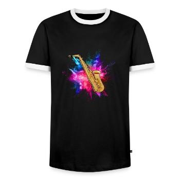 saxophone - Men's Ringer Shirt - black/white - Front - AI Model Female 172 light (172cm) & AI Model Male 178 light (178cm)