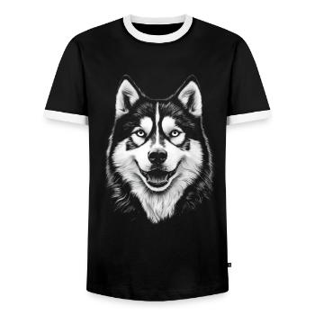 Siberian Husky Portrait Dog Dogs - Men's Ringer Shirt - black/white - Front - AI Model Female 172 light (172cm) & AI Model Male 178 light (178cm)