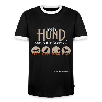 Mein Hund hört auf´s Wort Geschenkidee - Männer Kontrast-T-Shirt - Schwarz/Weiß - Vorne - AI Model Female 172 light (172cm) & AI Model Male 178 light (178cm)