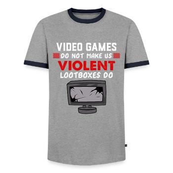 Video Games against Loot Boxing gaming gift shirt - Men's Ringer Shirt - grey/navy  - Front - AI Model Female 172 light (172cm) & AI Model Male 178 light (178cm)