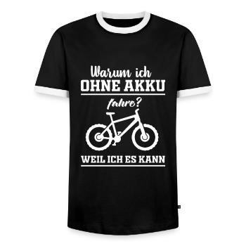 Warum ich ohne Akku fahre, weil ich es kann - Männer Kontrast-T-Shirt - Schwarz/Weiß - Vorne - AI Model Female 172 light (172cm) & AI Model Male 178 light (178cm)