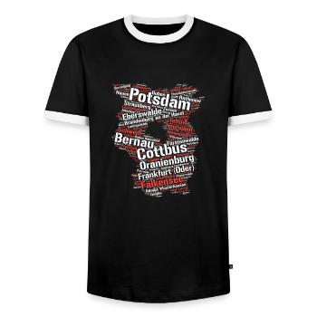 State of Brandenburg: Cities in outline - Men's Ringer Shirt - black/white - Front - AI Model Female 172 light (172cm) & AI Model Male 178 light (178cm)