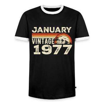 Janvier 1977 Vintage Anniversaire 1977, Né en 1977 - T-shirt contrasté Homme - noir/blanc - Devant - AI Model Female 172 light (172cm) & AI Model Male 178 light (178cm)