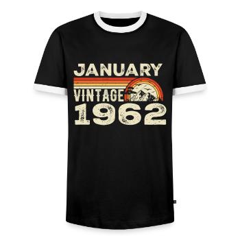 Januar 1962 Jahrgang Geburtstag 1962, Jahrgang 1962 - Männer Kontrast-T-Shirt - Schwarz/Weiß - Vorne - AI Model Female 172 light (172cm) & AI Model Male 178 light (178cm)