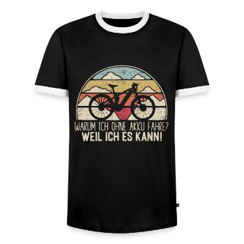 MTB - Warum ich ohne Akku Fahre - Retrocolor - Männer Kontrast-T-Shirt - Schwarz/Weiß - Vorne - AI Model Female 172 light (172cm) & AI Model Male 178 light (178cm)