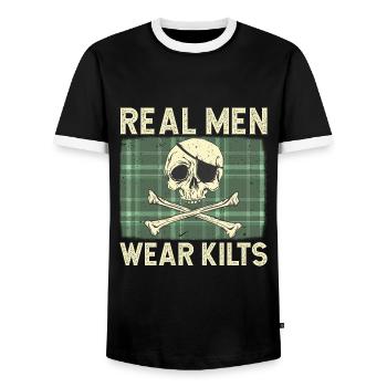 Real Men Wear Kilts- Schottenroch Herrenrock - Männer Kontrast-T-Shirt - Schwarz/Weiß - Vorne - AI Model Female 172 light (172cm) & AI Model Male 178 light (178cm)