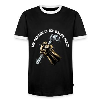 Mechanic My Garage Is My Happy Place - Men's Ringer Shirt - black/white - Front - AI Model Female 172 light (172cm) & AI Model Male 178 light (178cm)
