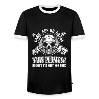 This Plumber Doesn't Fix For Free - Men's Ringer Shirt - black/white - Front - AI Model Female 172 light (172cm) & AI Model Male 178 light (178cm)
