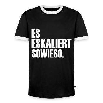 Es eskaliert sowieso ein Spruch über Eskalationen - Männer Kontrast-T-Shirt - Schwarz/Weiß - Vorne - AI Model Female 172 light (172cm) & AI Model Male 178 light (178cm)