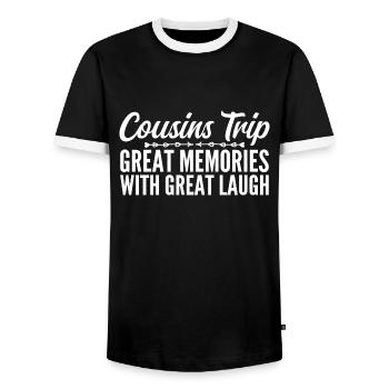 Cousin-Reise 2025 - Männer Kontrast-T-Shirt - Schwarz/Weiß - Vorne - AI Model Female 172 light (172cm) & AI Model Male 178 light (178cm)