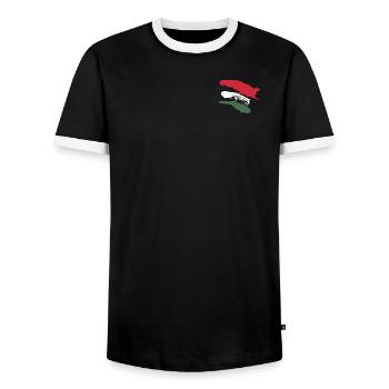 Hungary - Brush Stripes - Men's Ringer Shirt - black/white - Front - AI Model Female 172 light (172cm) & AI Model Male 178 light (178cm)