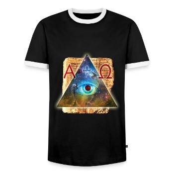 The Eye of God Alpha Omega + - All-Seeing - Men's Ringer Shirt - black/white - Front - AI Model Female 172 light (172cm) & AI Model Male 178 light (178cm)