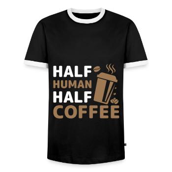 Half Human Half Coffee- Coffee Gifts - Men's Ringer Shirt - black/white - Front - AI Model Female 172 light (172cm) & AI Model Male 178 light (178cm)