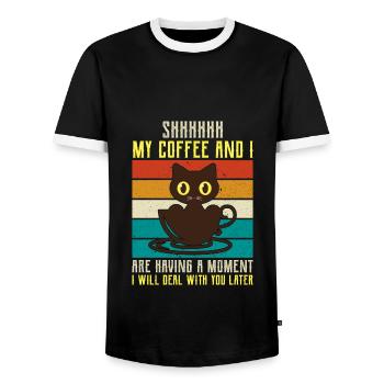 shhhhh my coffe- Coffee Sayings -Coffee Gifts - Men's Ringer Shirt - black/white - Front - AI Model Female 172 light (172cm) & AI Model Male 178 light (178cm)