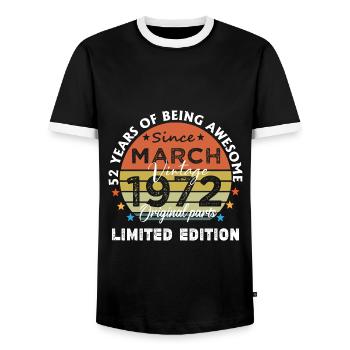 52 Jahre alt Baujahr 1972 Jahrgang März 1972 - Männer Kontrast-T-Shirt - Schwarz/Weiß - Vorne - AI Model Female 172 light (172cm) & AI Model Male 178 light (178cm)