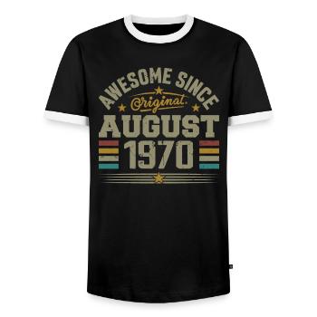 August 1970 Geburtstag August 1970 August 1970 Retro - Männer Kontrast-T-Shirt - Schwarz/Weiß - Vorne - AI Model Female 172 light (172cm) & AI Model Male 178 light (178cm)