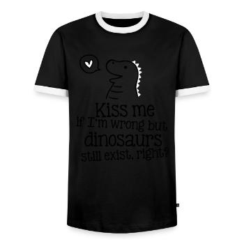 kiss me if im wrong but dinosaurs still exist... - T-shirt contrasté Homme - noir/blanc - Devant - AI Model Female 172 light (172cm) & AI Model Male 178 light (178cm)