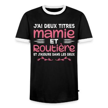 Deux Titres Mamie Routière Camionneuse Mémé Cadeau - T-shirt contrasté Homme - noir/blanc - Devant - AI Model Female 172 light (172cm) & AI Model Male 178 light (178cm)