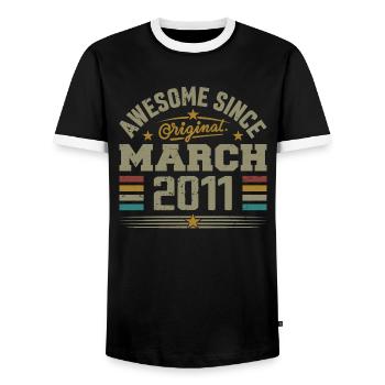 March 2011 Birthday Vintage Gift Idea 2011 - Men's Ringer Shirt - black/white - Front - AI Model Female 172 light (172cm) & AI Model Male 178 light (178cm)