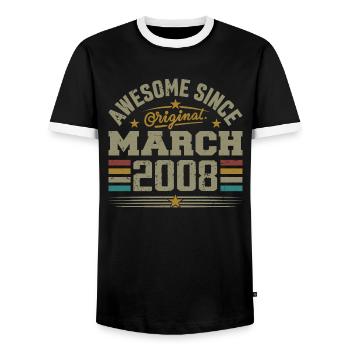 March 2008 Birthday Vintage Gift Idea 2008 - Men's Ringer Shirt - black/white - Front - AI Model Female 172 light (172cm) & AI Model Male 178 light (178cm)