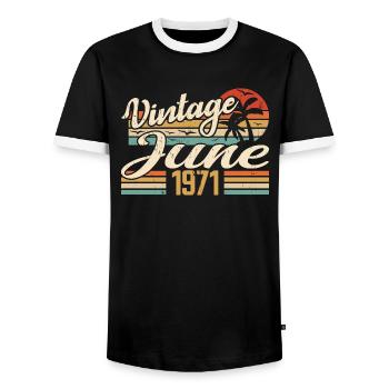 June 1971 Birthday 1971 Retro 1971 June 1971 - Men's Ringer Shirt - black/white - Front - AI Model Female 172 light (172cm) & AI Model Male 178 light (178cm)