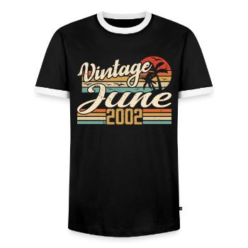 Juni 2002 Jubiläum 2002 Retro 2002 Juni 2002 - Männer Kontrast-T-Shirt - Schwarz/Weiß - Vorne - AI Model Female 172 light (172cm) & AI Model Male 178 light (178cm)