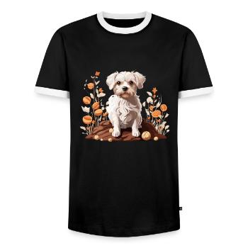 Maltese Dog Autumn Breed Dog - Men's Ringer Shirt - black/white - Front - AI Model Female 172 light (172cm) & AI Model Male 178 light (178cm)