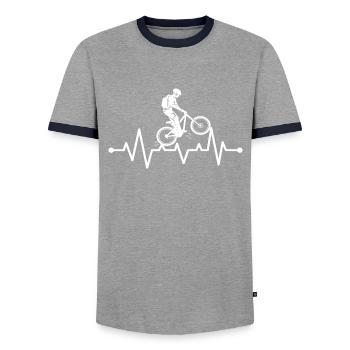 Heart Beat Mountain Bike Man Humor Mountain Bike - Men's Ringer Shirt - grey/navy  - Front - AI Model Female 172 light (172cm) & AI Model Male 178 light (178cm)