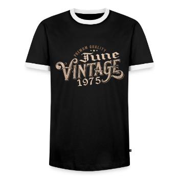 June 1975 Vintage 49th Anniversary Gift 1975 - Men's Ringer Shirt - black/white - Front - AI Model Female 172 light (172cm) & AI Model Male 178 light (178cm)