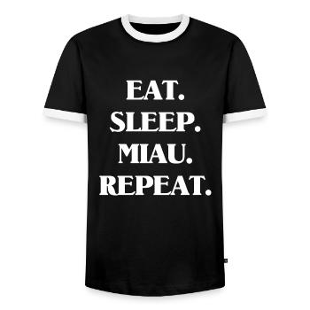 Mangez. Sommeil. Meow. - T-shirt contrasté Homme - noir/blanc - Devant - AI Model Female 172 light (172cm) & AI Model Male 178 light (178cm)