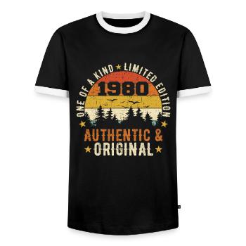 Original 1980's Birthday Gift 1980's Authentic - Men's Ringer Shirt - black/white - Front - AI Model Female 172 light (172cm) & AI Model Male 178 light (178cm)