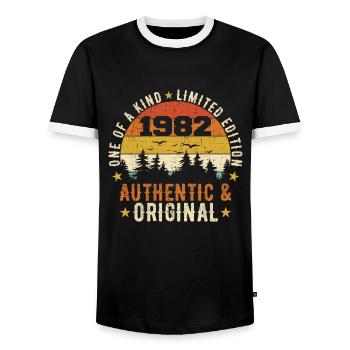 Original 1982 Birthday Gift 1982 Authentic - Men's Ringer Shirt - black/white - Front - AI Model Female 172 light (172cm) & AI Model Male 178 light (178cm)