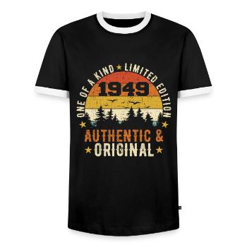 Original 1949 Birthday Gift 1949 Authentic - Men's Ringer Shirt - black/white - Front - AI Model Female 172 light (172cm) & AI Model Male 178 light (178cm)